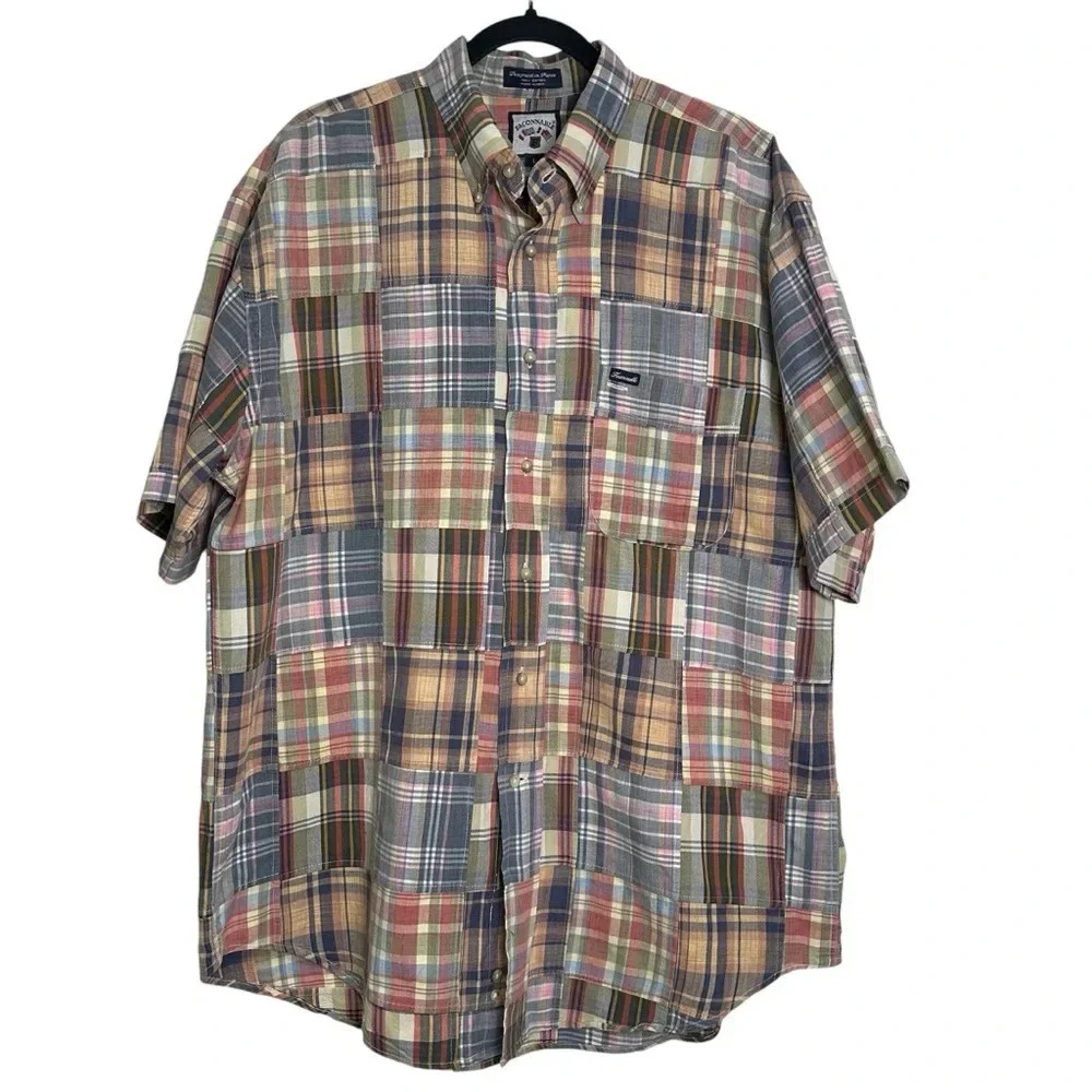 Faconnable Men’s L Cotton Mixed Plaid Patchwork Short Sleeve Iconic Shirt